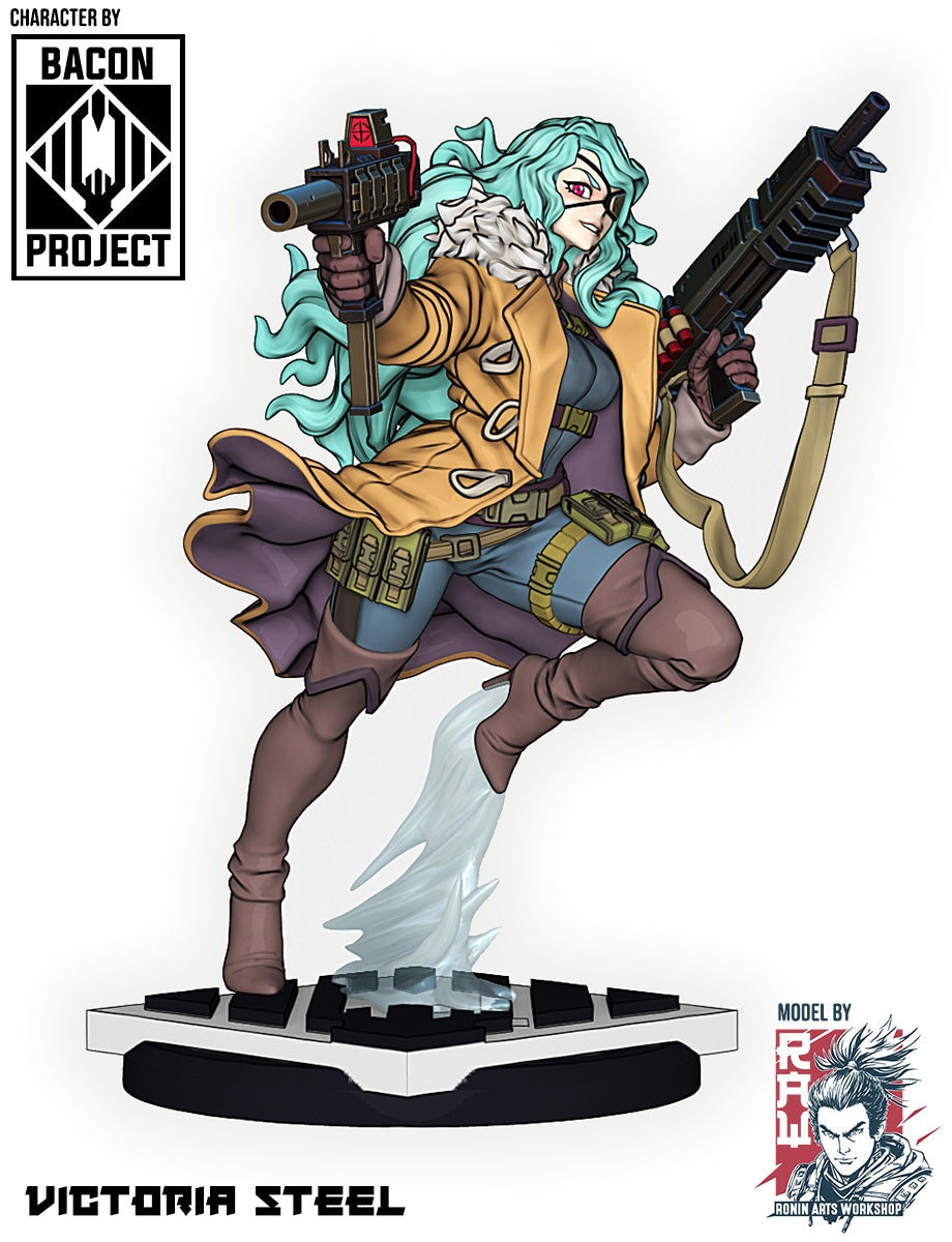 Colored render of Victoria Steel, featuring a yellow coat, cyberpunk-styled weapons, and teal hair in a striking pose.