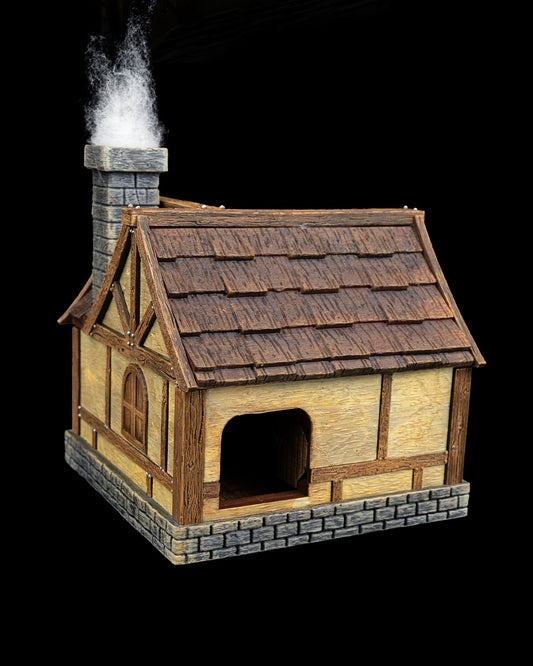Rear corner of the Village House terrain with open rear doorway and sloped shingle roof, ideal for back alley or cottage scenes.