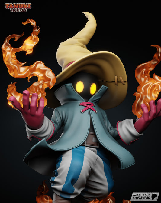 A detailed close-up of Vivi’s glowing yellow eyes, oversized hat, and intricate clothing textures, with fire magic surrounding his hands.
