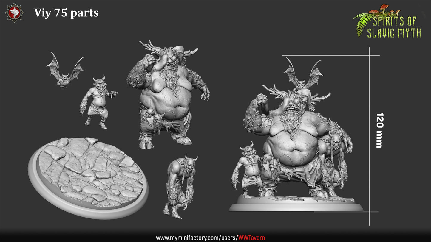 Viy 75mm scale miniature featuring the horned demon with grotesque followers and bat familiar – detailed collectible for dark fantasy TTRPGs.