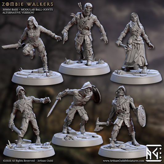 zombie walkers resin tabletop miniatures dungeons and dragons undead horde modular ball joint variants male and female zombies with weapons