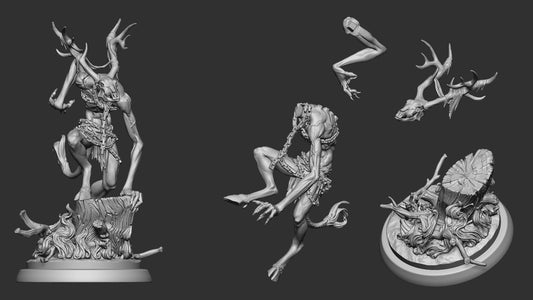 Wendigo miniature rear view showing hunched posture, exposed spine, tail, and flowing antlers