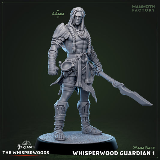 Whisperwood Guardian 1 male elf barbarian standing tall with spear in hand and skull-adorned belt – fantasy TTRPG elf barbarian figure.