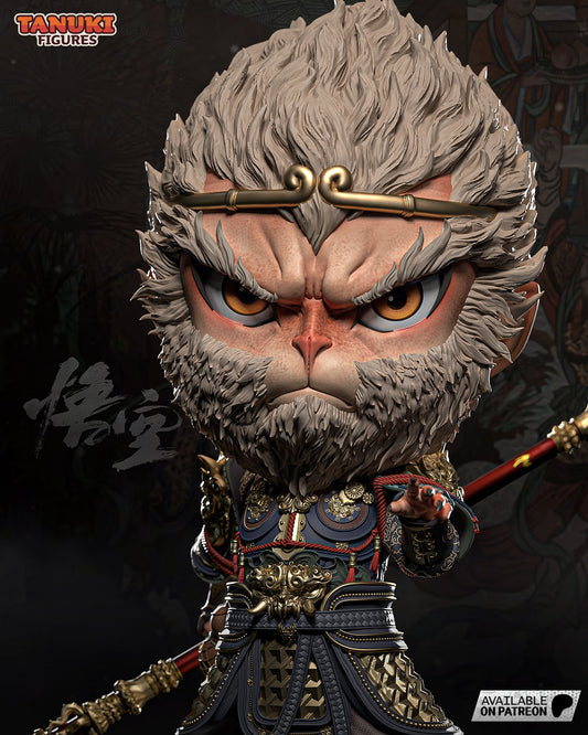 A close-up of Wukong’s fierce expression, highlighting his piercing eyes, golden headband, and the ornate designs of his armor.