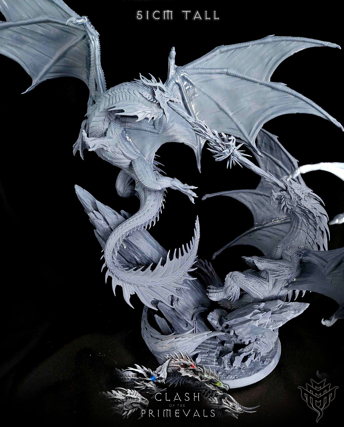 Unpainted resin diorama of Elder Red Dragon vs Elder White Dragon with detailed wings, scales, and rocky base, designed for fantasy tabletop games.