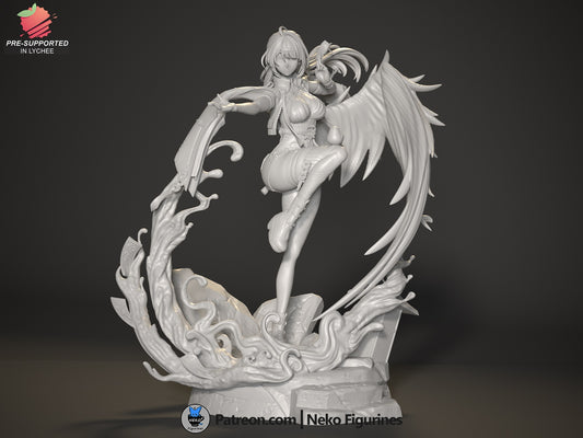 Front angle unpainted Yixuan Zenless Zone Zero figure displaying dynamic pose, weapon, and detailed layered costume