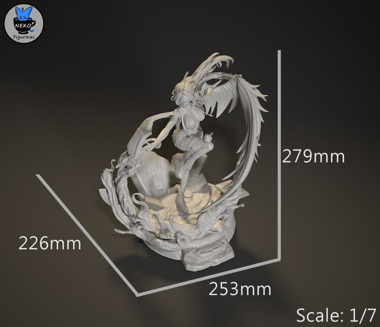 Grey render of Yixuan Zenless Zone Zero figure on base with dimensions labeled 279mm tall by 253mm wide