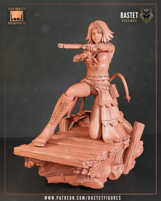 Yuna figure unpainted, kneeling with dual pistols aimed forward, wearing short boots and a detailed sash.