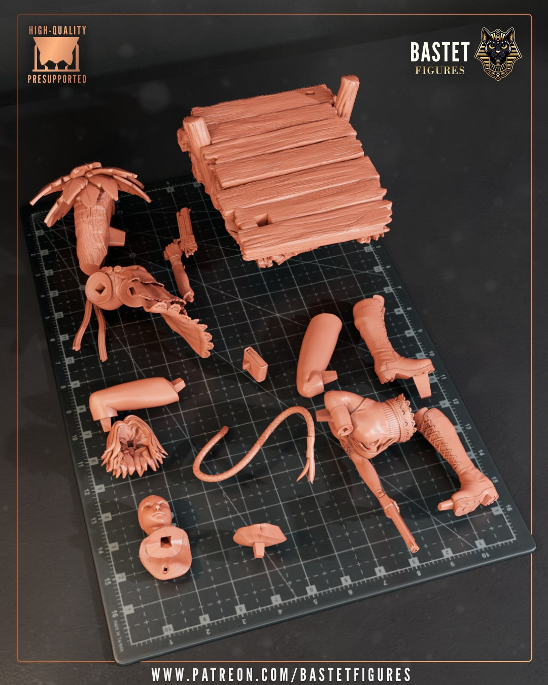 Disassembled Yuna collectible figure showing modular parts including arms, head, pistols, and detailed base.