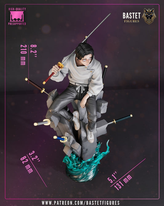 Full 1:8 scale Yuta figure sitting on rocky base surrounded by katanas, sculpted with flowing energy.