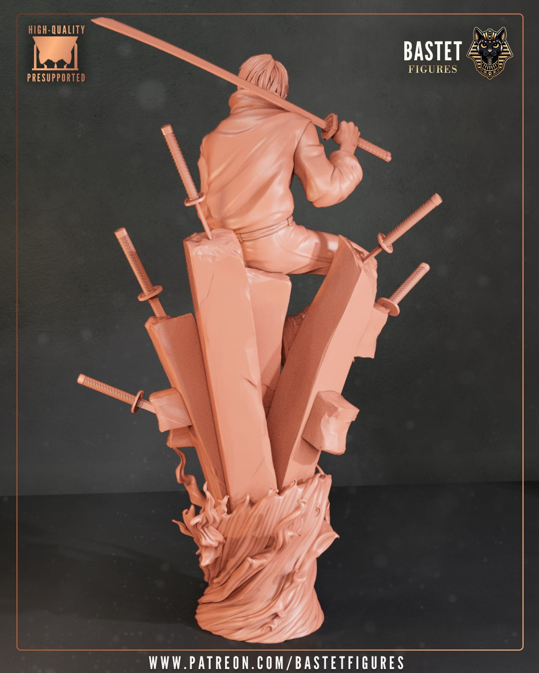 Rear angle of Yuta statue showing sword placement and swirling rocky base design.