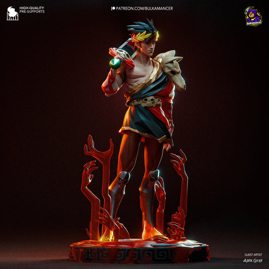 Render of Zagreus figurine standing on a base of fiery hands, wearing his iconic laurel crown and Underworld armor.
