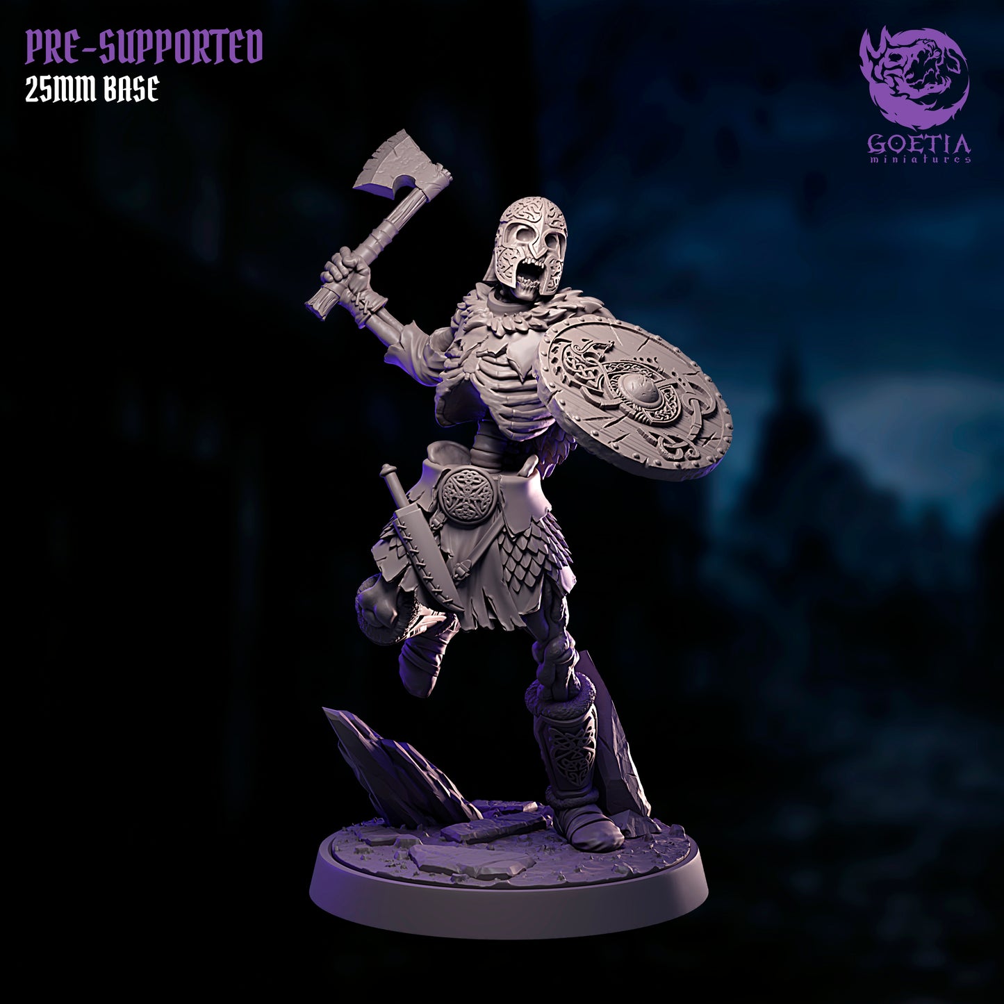 Undead skeleton soldier wielding axe and round shield, forward-charging combat pose, skeletal torso and armored legs, fantasy skeleton warrior miniature