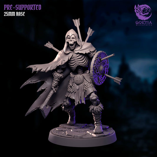 Undead skeleton warrior with shield struck by arrows, hooded helm and exposed bones, defensive stance, grimdark undead miniature