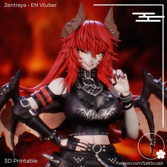 Painted close-up of Zentreya smiling in gothic black top, spiked accessories, red hair, and dragon wings in background.