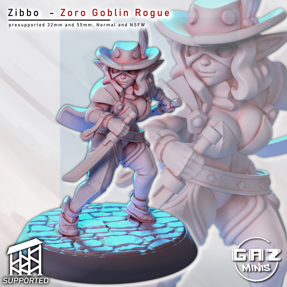 Zibbo Zoro Goblin Rogue figurine front view with dual blades, hat, and feather accessory