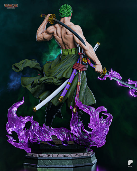 Rear view of Zoro's full-body figurine, showing his back muscles, three-sword setup, and flowing clothing with energy effects.