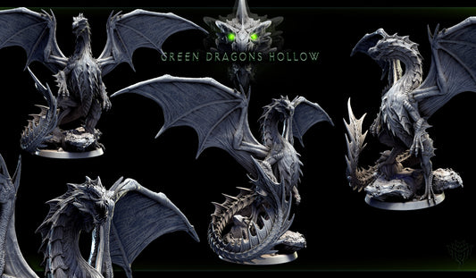 Collage of upright adolescent green dragon in dramatic stance with coiled tail and raised wings, shown from various angles for tabletop display.