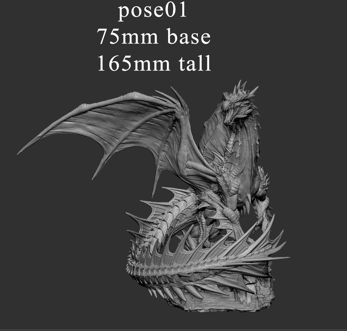 Scale render of the grounded Adult Green Dragon figure posed in a curled position with wings spread, 165mm tall on a 75mm base.