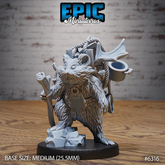 adventurer hamster resin miniature beastfolk ranger holding wooden staff with backpack gear dungeons and dragons tabletop character