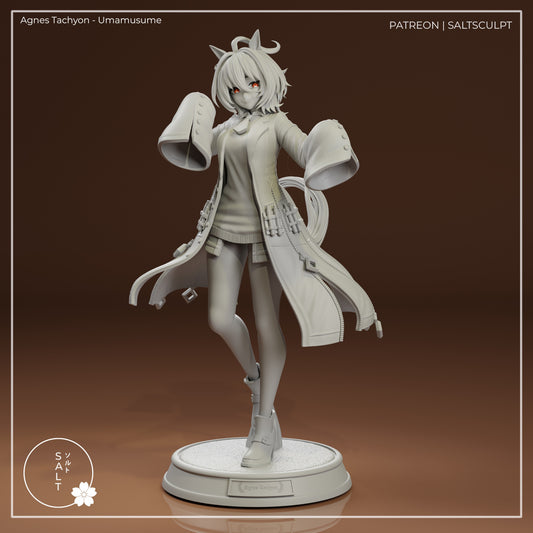 Agnes Tachyon Umamusume 1:7 scale resin statue front clay render with flowing lab coat crossed leg pose and anime horse girl styling