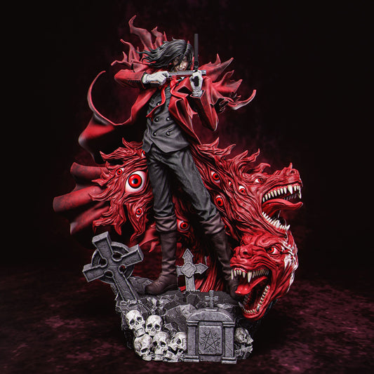 Image of Alucard from Van Helsing, depicted in a dramatic pose with dual pistols drawn. He stands on a base filled with skulls and gothic crosses, surrounded by a swirling red mass of eyes and demonic forms.