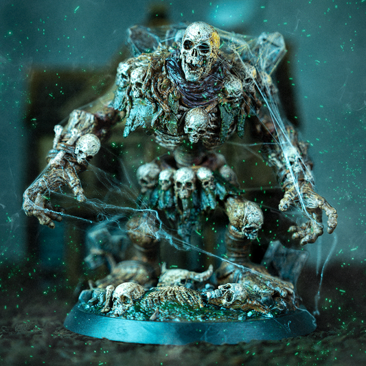 Tombstone Golem painted undead miniature posed with outstretched skeletal arms, built from skulls and gravestones, standing on a corpse-covered base with green ambient effects.