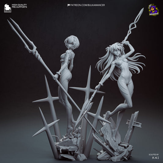 Asuka Langley Soryu and Rei Ayanami Evangelion figure diorama clay render spear of longinus anime collectible statue