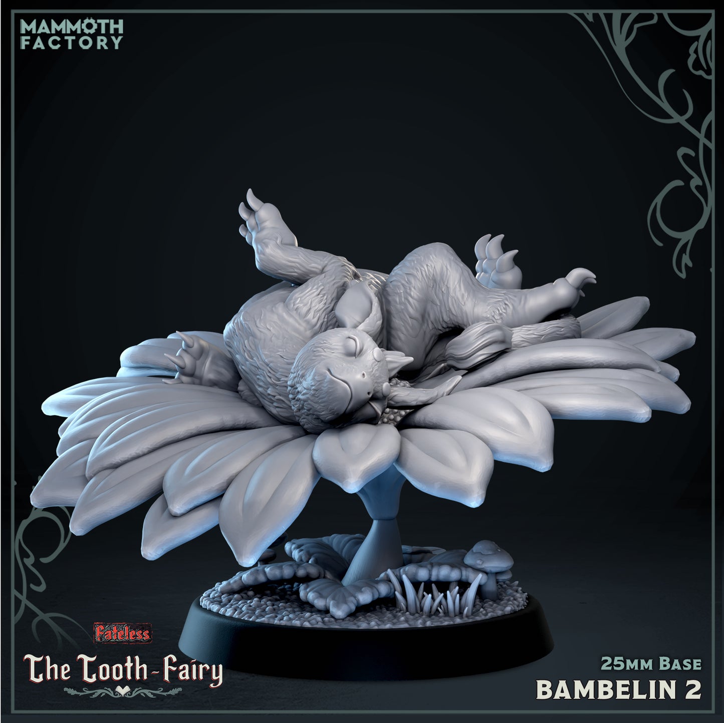 Baby Bambelin 2 Fateless 25mm resin miniature featuring a sleeping baby Bambelin resting atop a large flower blossom.