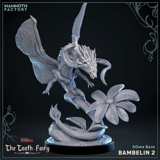 Bambelin 2 Fateless 50mm resin miniature featuring a dragon-like fey creature with moth wings, flowers, and a serpentine body.