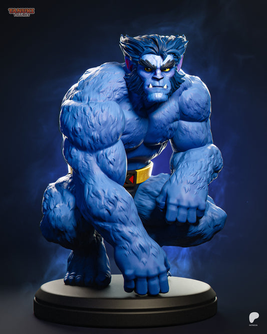 Beast Marvel Comics 1:12 scale figure front view, crouched pose with clenched fists, muscular mutant anatomy, furred limbs, X-Men display collectible