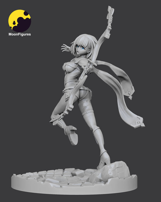 Beta gray render beauty view focusing on facial sculpt, short layered hair, athletic proportions, detailed bow design, scarf flow, and motion captured through the legs and torso