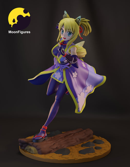 Yukikaze Panettone figure in dynamic running pose with fox ears, flared kimono-style outfit, sash bow, raised hand gesture, long hair, and forest log-and-rock base from Dog Days collectible statue.