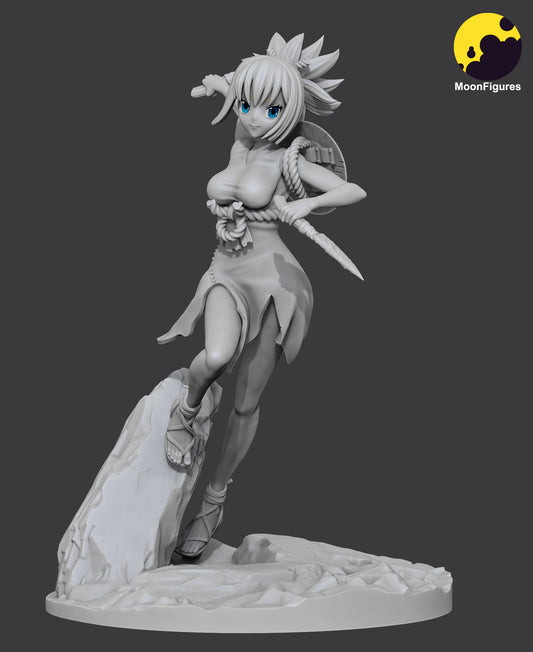 Grayscale close-up of Kohaku figure standing confidently with dagger raised and stone-textured base.