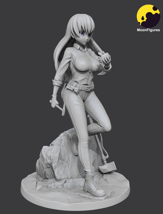 Grayscale close-up of Nagi Arato figure highlighting her pickaxe, layered clothing, and confident stance.