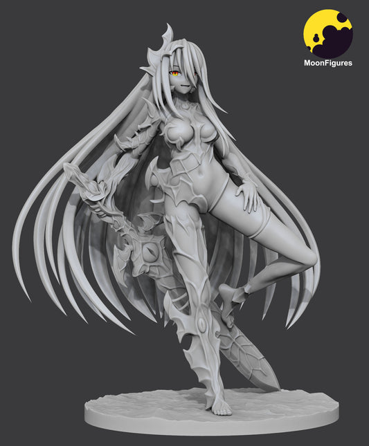 Cursed Sword figure gray render close-up showing long hair strands, demon-forged armor, organic sword details, raised leg stance, and rocky base for Monster Girl Encyclopedia collectible.