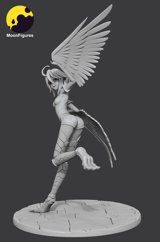 papi harpy girl figure gray render close-up showing wing span body sculpt scaled legs and dynamic raised-leg stance monster girl encyclopedia 1-10 scale