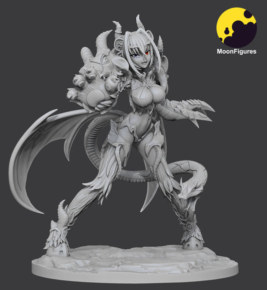 Chimera figure close-up gray render showing horned head, asymmetrical beast gauntlet, dragon wings, serpent tail, detailed armor, and aggressive stance on rocky base