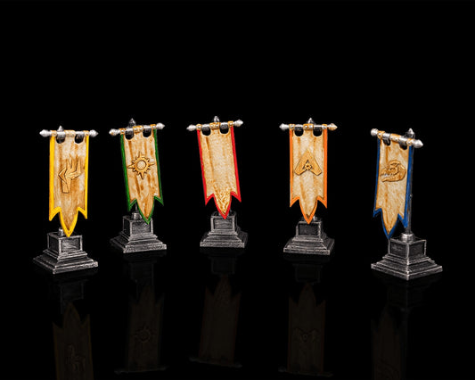 Fantasy banner stands with heraldic symbols on stone bases used as scatter terrain for medieval and high fantasy tabletop settings