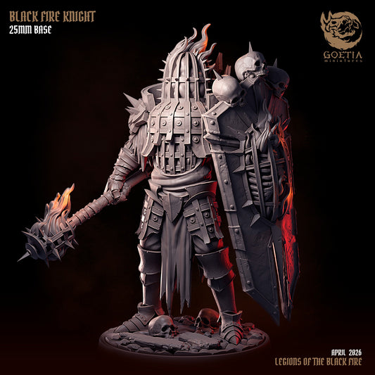 Black Fire Knight abyssal resin miniature with flaming mace skull shield spiked armor cage helm and grimdark fantasy aesthetic for Dungeons and Dragons Pathfinder Shadowdark and MORK BORG campaigns