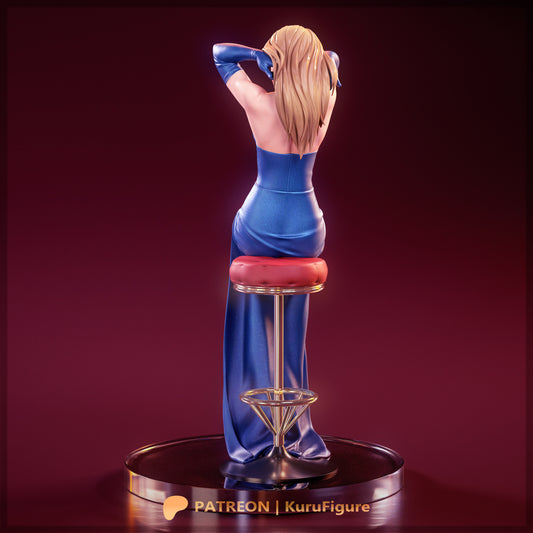 Blonde Blazer Dispatch figure back view highlighting hair sculpt dress flow and seated posture