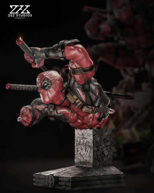 Detailed view of Deadpool's crouched pose with katanas crossed behind his back.