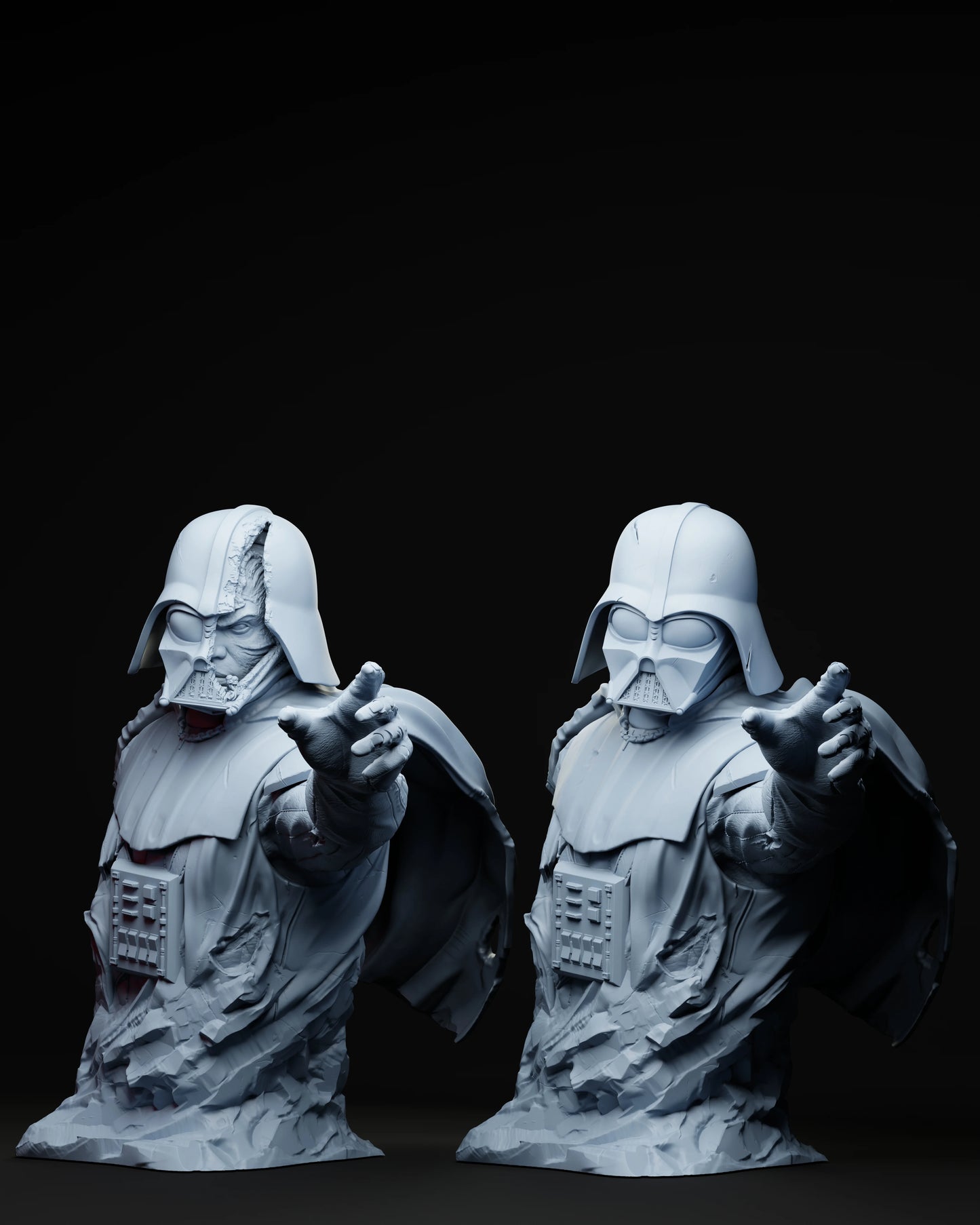 Two Darth Vader busts side by side, one with a damaged helmet revealing his scarred face, the other fully masked, both with outstretched arms.