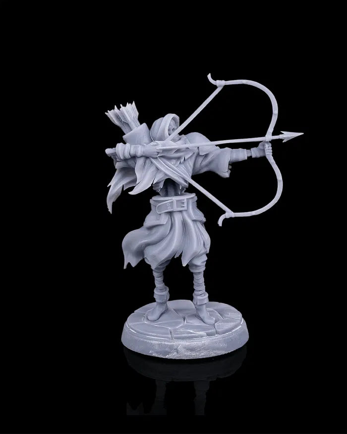 Undead archer miniature side view from Beldrad's Bag of Beasts showing extended bow arm, drawn string, layered clothing, and agile combat stance, cadaveric hunter undead for Dungeons & Dragons and Pathfinder