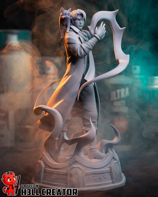 Caleb Widogast Mighty Nein 1:8 scale figure front view human wizard casting spell arcane flame magic effect detailed coat runic base Frumpkin