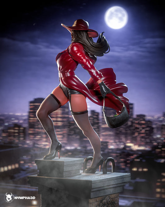 Carmen Sandiego 1:6 scale resin statue rear render featuring flowing coat high heels rooftop chimney base and city skyline