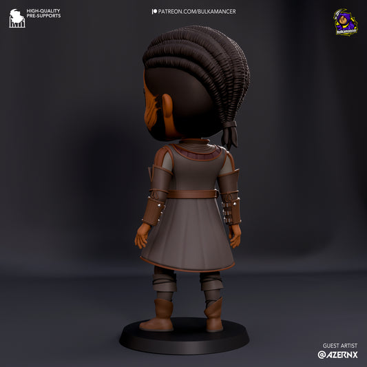 Back view of chibi Wyll, showcasing his braided hairstyle and intricate armor details.