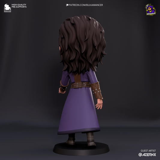 Back view of Chibi Gale, showcasing his long wavy hair and detailed fantasy robe.