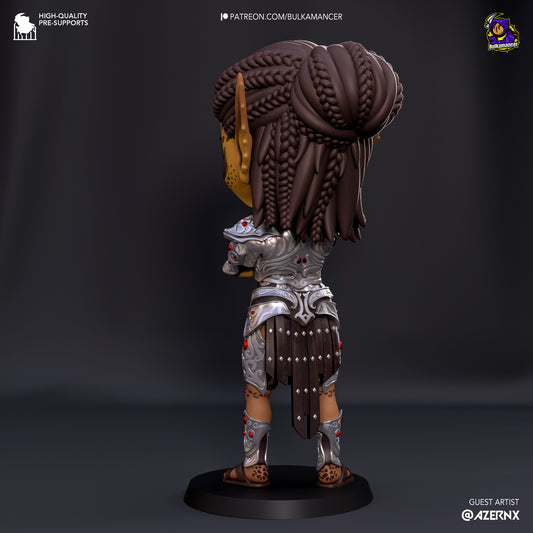 Back view of the chibi Lae'zel figurine showing detailed braided hair and intricate armor plating.