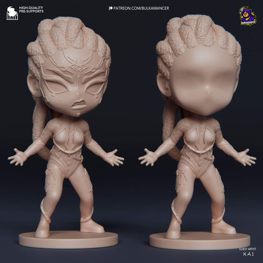 Front view of the unpainted chibi Mel figurine, showcasing her iconic pose and intricate outfit design.